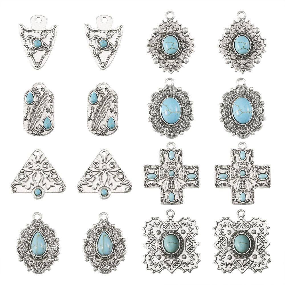 9563 16Pcs 8 Styles Turquoise Stone Charms Tibetan Style Vintage Pendants